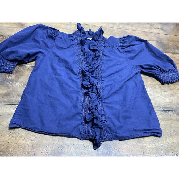 Anthropologie Love The Label Zuri Top Womens Small Blouse Ruffle Smocked Blue - Picture 2 of 14